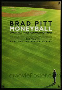 4k632 MONEYBALL advance DS 1sh '11 Brad Pitt standing on baseball field, white title design!
