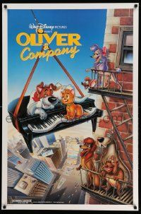 4k655 OLIVER & COMPANY 1sh '88 great art of Walt Disney cats & dogs in New York City!