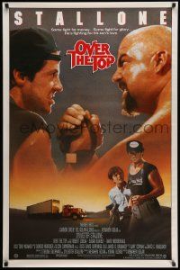 4k662 OVER THE TOP 1sh '87 trucker Sylvester Stallone armwrestling giant guy & with son!