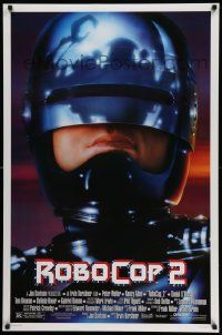 4k762 ROBOCOP 2 DS 1sh '90 great close up of cyborg policeman Peter Weller, sci-fi sequel!