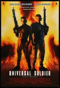 4k946 UNIVERSAL SOLDIER int'l DS 1sh '92 full-length image of Jean-Claude Van Damme & Lundgren!