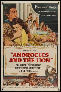 4p038 ANDROCLES & THE LION 1sh '52 artwork of Victor Mature holding Jean Simmons!