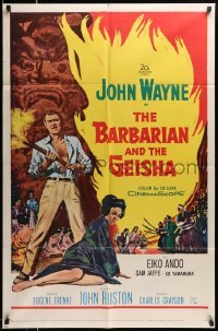 4p066 BARBARIAN & THE GEISHA 1sh '58 John Huston, art of John Wayne with torch & Eiko Ando!
