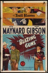 4p097 BLAZING GUNS 1sh '43 cool cowboy western artwork of Hoot Gibson, Ken Maynard!