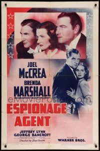 4p240 ESPIONAGE AGENT 1sh '39 Joel McCrea & his spy bride Brenda Marshall!