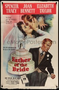 4p253 FATHER OF THE BRIDE 1sh '50 art of Liz Taylor in wedding gown & broke Spencer Tracy!