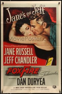 4p283 FOXFIRE 1sh '55 romantic close up artwork of sexy Jane Russell & Jeff Chandler!