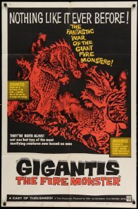 4p300 GIGANTIS THE FIRE MONSTER 1sh '59 cool art of Godzilla breathing flames at Angurus!