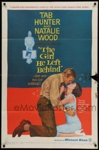 4p302 GIRL HE LEFT BEHIND 1sh '56 romantic image of Tab Hunter about to kiss Natalie Wood!