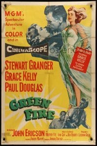 4p328 GREEN FIRE 1sh '54 art of beautiful full-length Grace Kelly & Stewart Granger!