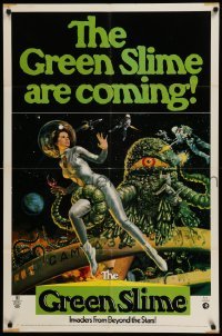 4p330 GREEN SLIME 1sh '69 classic cheesy sci-fi movie, wonderful art of sexy astronaut & monster!