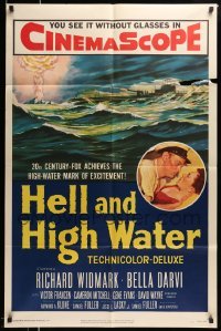 4p356 HELL & HIGH WATER 1sh '54 Samuel Fuller, Richard Widmark on military submarine!