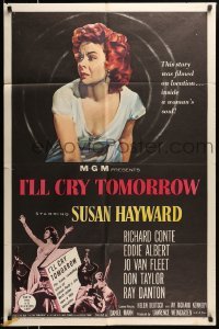 4p389 I'LL CRY TOMORROW 1sh '55 artwork of distressed Susan Hayward in her greatest performance!