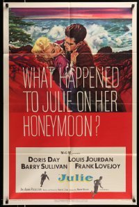 4p419 JULIE 1sh '56 what happened to Doris Day on her honeymoon with Louis Jourdan?