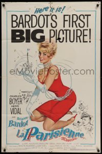 4p438 LA PARISIENNE 1sh '58 great art of sexy Brigitte Bardot in red dress, her first big picture!