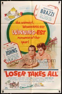 4p484 LOSER TAKES ALL 1sh '57 artwork of Rossano Brazzi, Glynis Johns in nightie!