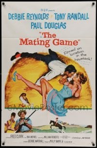 4p539 MATING GAME 1sh '59 Debbie Reynolds & Tony Randall are fooling around in the hay!