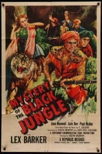 4p567 MYSTERY OF THE BLACK JUNGLE 1sh '55 art of Lex Barker w/rifle by tiger hunting in India!