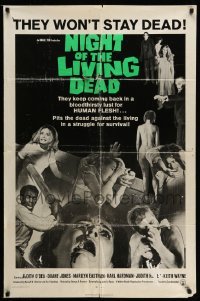 4p585 NIGHT OF THE LIVING DEAD 1sh '68 George Romero classic, light green title design!