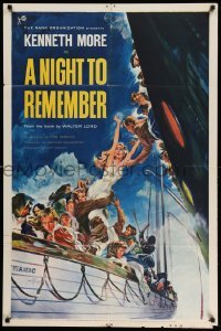4p587 NIGHT TO REMEMBER 1sh '59 English Titanic biography, John Floherty Jr. art of tragedy!