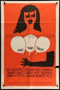 4p610 ONE, TWO, THREE 1sh '62 Billy Wilder, James Cagney, Saul Bass art of girl w/ balloons!