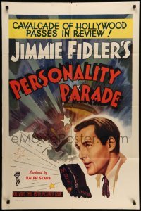 4p639 PERSONALITY PARADE 1sh R40s cool different art of Jimmy Jimmie Fidler at the microphone!