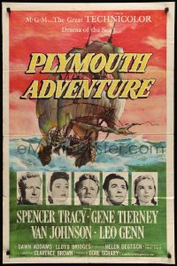 4p665 PLYMOUTH ADVENTURE 1sh '52 Spencer Tracy, Gene Tierney, cool art of ship at sea!