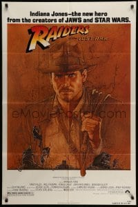 4p698 RAIDERS OF THE LOST ARK 1sh '81 great art of adventurer Harrison Ford by Richard Amsel!