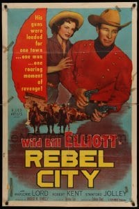 4p705 REBEL CITY 1sh '53 great image of William Wild Bill Elliott with two guns!