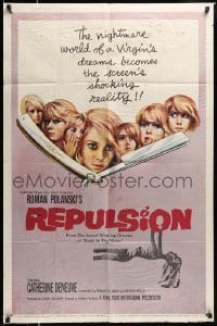 4p713 REPULSION 1sh '65 Roman Polanski, Catherine Deneuve, cool straight razor image!