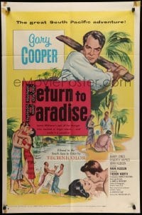 4p718 RETURN TO PARADISE 1sh '53 art of Gary Cooper, from James A. Michener's story!