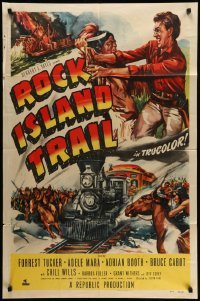 4p731 ROCK ISLAND TRAIL 1sh '50 Forrest Tucker vs Native Americans, cool train art!