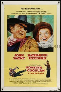 4p736 ROOSTER COGBURN 1sh '75 great art of John Wayne & Katharine Hepburn!