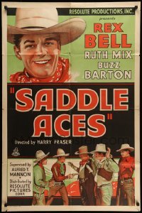 4p747 SADDLE ACES 1sh '35 cool close-up western artwork of cowboy Rex Bell and in action!
