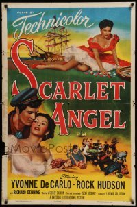 4p759 SCARLET ANGEL 1sh '52 artwork of sailor Rock Hudson & sexy gambling Yvonne DeCarlo!