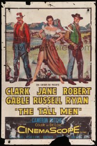 4p868 TALL MEN 1sh '55 full-length art of Clark Gable, sexy Jane Russell showing leg, Robert Ryan!