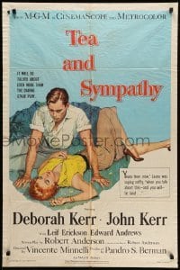 4p871 TEA & SYMPATHY 1sh '56 great artwork of Deborah Kerr & John Kerr by Gale, classic tagline!