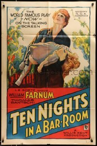 4p877 TEN NIGHTS IN A BARROOM style B 1sh '31 stone litho art of Farnum carrying little girl!