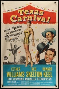 4p880 TEXAS CARNIVAL 1sh '51 Red Skelton, art of sexy Esther Williams wearing swimsuit!