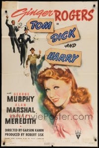 4p906 TOM, DICK & HARRY style A 1sh '41 c/u art of pretty Ginger Rogers, Murphy, Marshal & Meredith