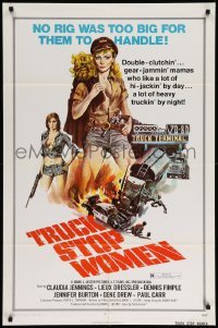 4p923 TRUCK STOP WOMEN 1sh '74 no rig was too big for sexy Claudia Jennings, Smith art!