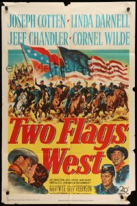 4p930 TWO FLAGS WEST 1sh '50 cool Civil War art, plus Joseph Cotten, Linda Darnell & Cornel Wilde!