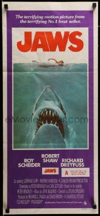 4r342 JAWS Aust daybill '75 art of Spielberg's classic man-eating shark attacking sexy swimmer!