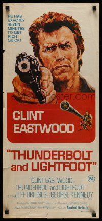 4r457 THUNDERBOLT & LIGHTFOOT Aust daybill '74 artwork of Clint Eastwood with pistol & huge gun!