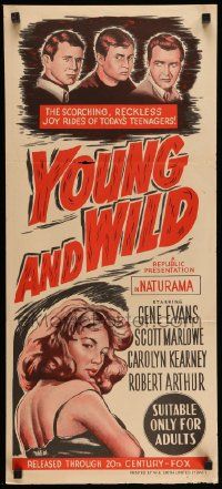 4r487 YOUNG & WILD Aust daybill '58 artwork of the reckless joy rides of wild girls of the road!
