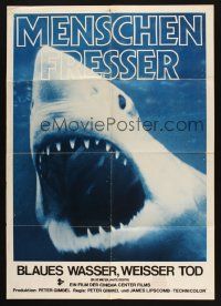 4r558 BLUE WATER, WHITE DEATH German '71 cool super close image of great white shark with open mouth