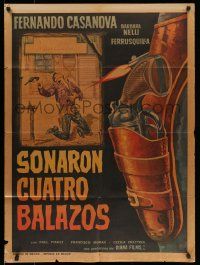 4r047 CUATRO BALAZOS Mexican poster '64 cool art of cowboy holding gun & close up reloading gun!
