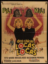 4r051 DOS CHICAS LOCAS LOCAS Mexican poster '65 Pilar Bayona as Pili & Emilia Bayona as Mili!