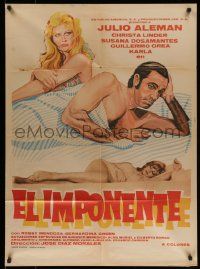 4r054 EL IMPONENTE Mexican poster '73 cool art of frustrated man with two sexy women in bed!