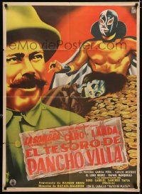 4r063 EL TESORO DE PANCHO VILLA Mexican poster 1954  art of masked wrestler & pile of gold by Diaz!